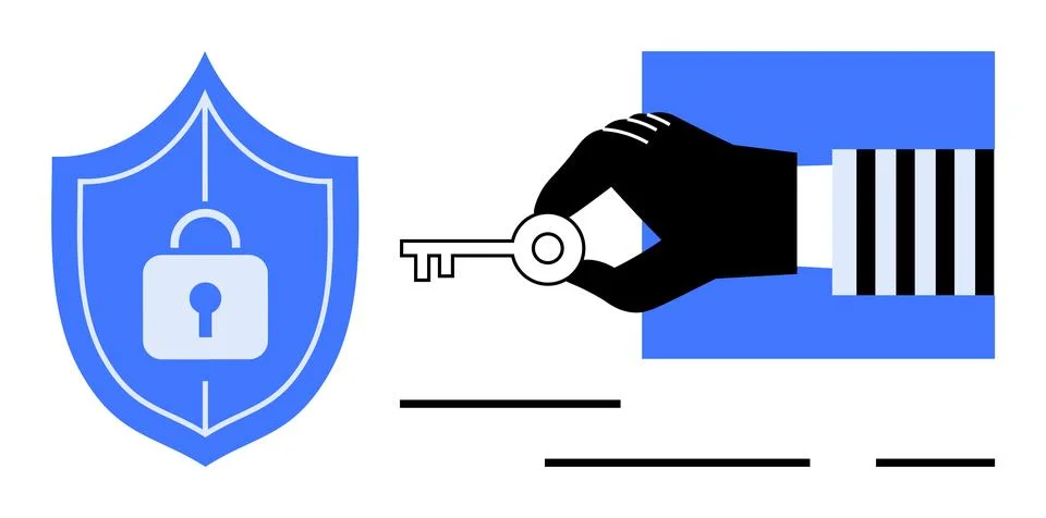 Digital Security Key with Shield Lock and Hand Illustration Illustrazione stock