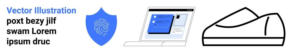 Digital Security, Laptop Interface, and Modern Sneaker Outline Stock Illustration