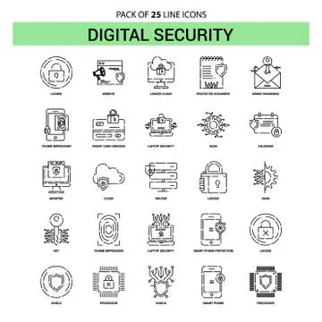 Digital Security Line Icon Set - 25 Dashed Outline Style Stock Illustration