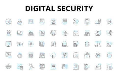 Digital security linear icons set. Encryption, Firewall, Malware, Password Stock Illustration
