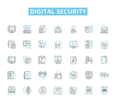 Digital security linear icons set. Encryption, Firewall, Malware, Password Illustrazione stock