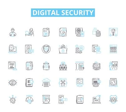 Digital security linear icons set. Encryption, Firewall, Malware, Password Illustrazione stock