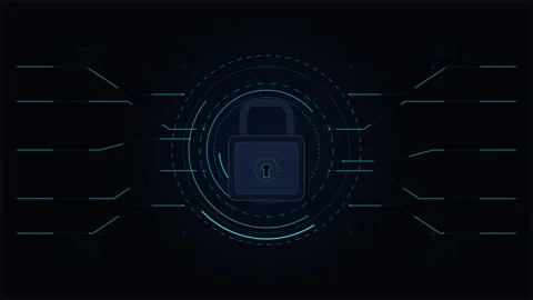 Digital security lock animation with cyber hud technology elements Stock Footage 346545320
