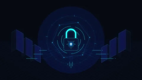 Digital security lock animation with glowing neon cyber grid data background Stock Footage 346546314