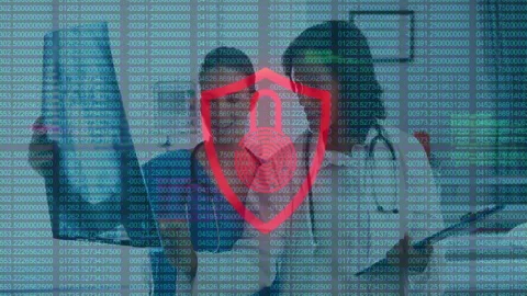 Digital security lock animation over people working with data on transparent Video stock 304079414