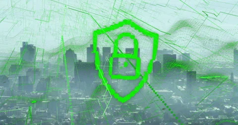 Digital security lock animation over cityscape with green data patterns Stock Footage 304855221