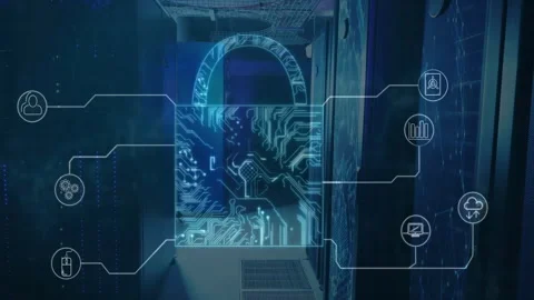 Digital security lock animation over data center with circuit patterns and icons Stock Footage 305459885