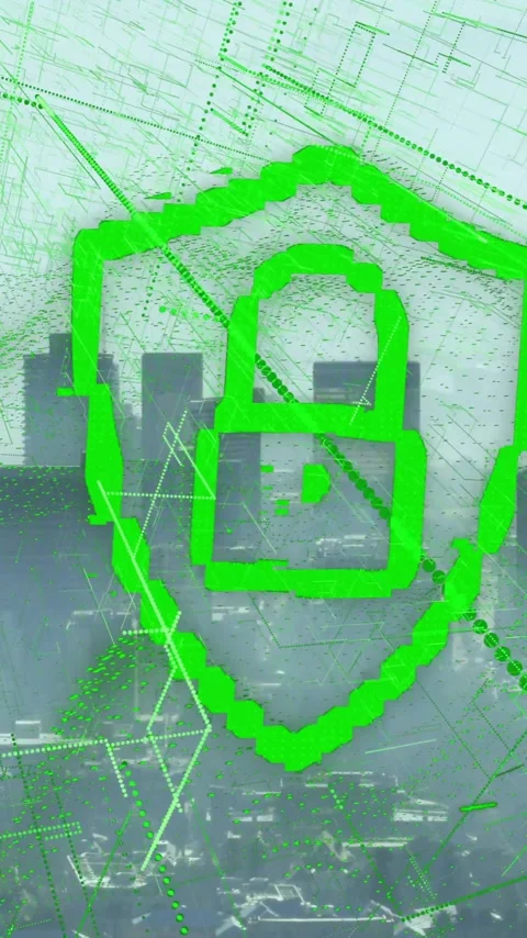 Digital security lock animation over cityscape with green data patterns Stock Footage 319617757