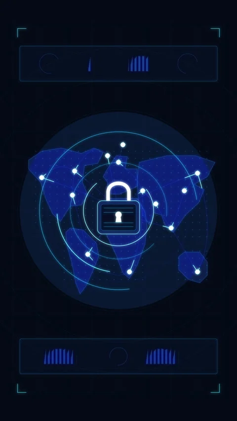 Digital security lock animation with world map background footage Stock Footage 346544737