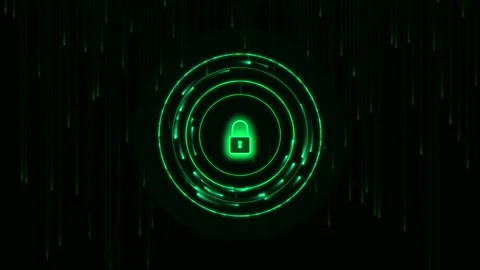 Digital security lock with glowing green binary data matrix on abstract dar.. Stock Footage 342322431