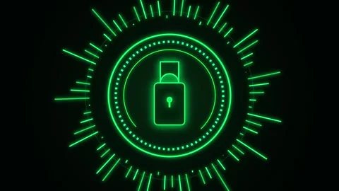 Digital security lock glowing green with circular scanning hud interface in.. Stock Footage 346121405