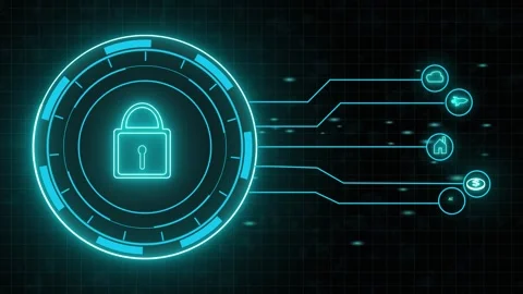 Digital Security Lock Icon with Neon Blue Glow and Circuit Lines on Dark Gr.. Stock Footage 321624663