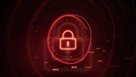Digital Security Lock Icon with Red Glowing HUD Interface and Cyber Attack Data Stock Footage 341832058