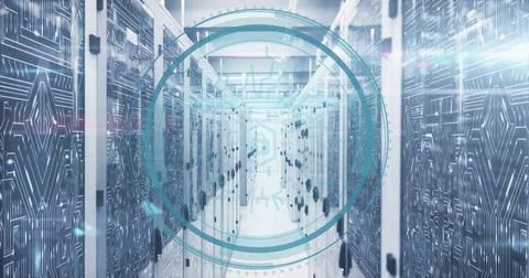 Digital security lock image over data servers in technology center Stock Photos