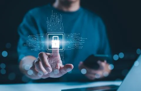 Digital security lock. A person interact with digital security lock icon Stock Photos