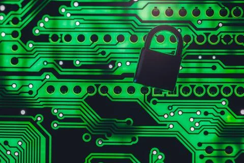 Digital Security Lock Set Against a Circuit Board Background, Cyber security Stock Photos