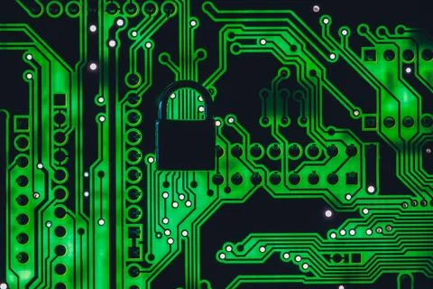 Digital Security Lock Set Against a Circuit Board Background, Cyber security Stock Photos