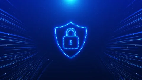Digital security lock shield visual cyan dotted icon, blue speed lines, and deep Stock Footage 340572925