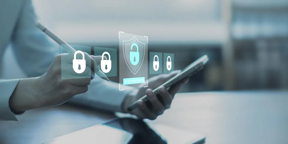 Digital Security Locks and Shield for Modern Data Protection. 스톡 사진