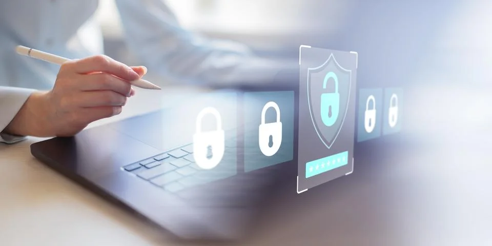 Digital Security Locks and Shield for Modern Data Protection. 스톡 사진