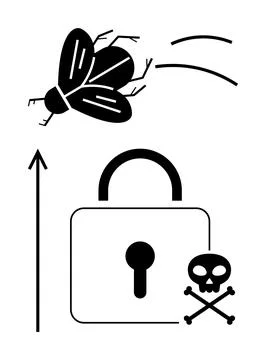 Digital Security Metaphor Bug, Padlock, and Crossbones Represent Software V.. Illustrazione stock