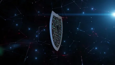 Digital security network with 3d shield rotation background Stock Footage 343615880