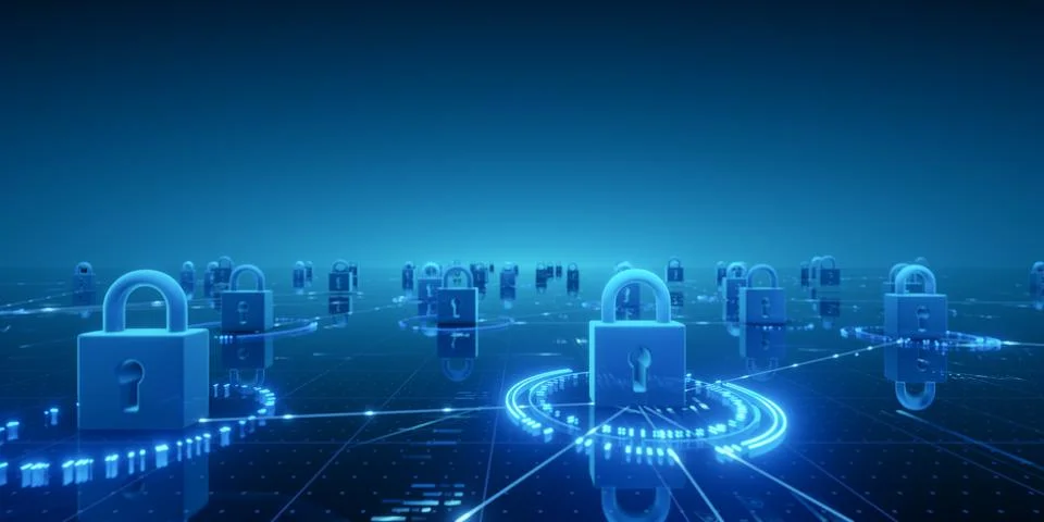 Digital Security Network with Glowing Padlocks Background 스톡 사진