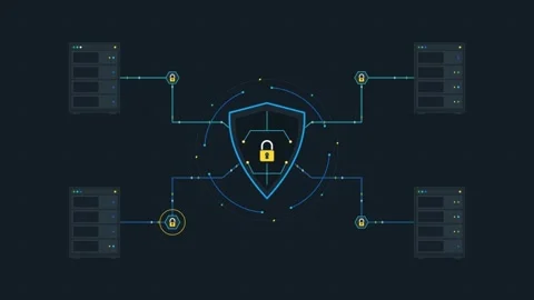 Digital Security Network Infographic with Centralized Shield Protection Stock Footage 343894068
