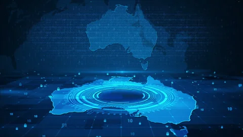Digital Security Numbers Circle on Australia Map HUD Background Stock Footage 339046085
