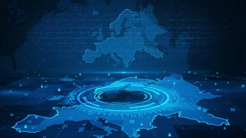 Digital Security Numbers Circle on Europe Map HUD Background Stock Footage 339046081