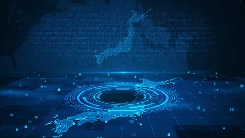 Digital Security Numbers Circle Japan Map HUD Background Stock Footage 339046114