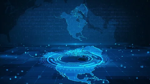 Digital Security Numbers Circle on North America Map HUD Background Stock Footage 339046087