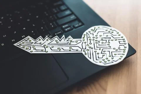 Digital security or data encryption, key icon made of circuits and LED lights 스톡 사진