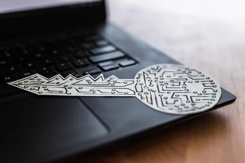 Digital security or data encryption, key icon made of circuits and LED lights 스톡 사진