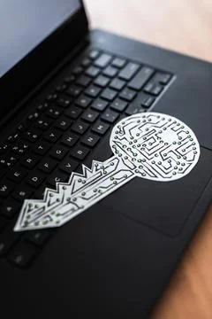 Digital security or data encryption, key icon made of circuits and LED lights 스톡 사진