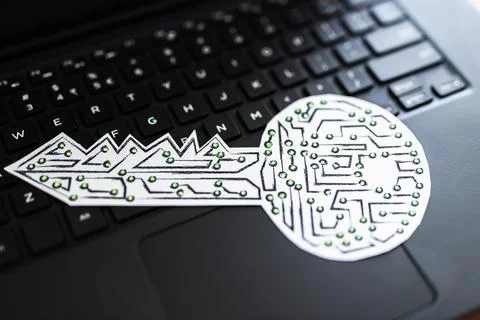 Digital security or data encryption, key icon made of circuits and LED lights 스톡 사진