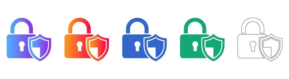 Digital Security Padlock and Shield Icons Set for Cyber Protection Stock Illustration