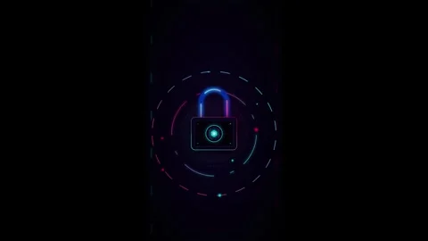 Digital security padlock with glowing neon hud interface for cyber data pro.. Stock Footage 337560303