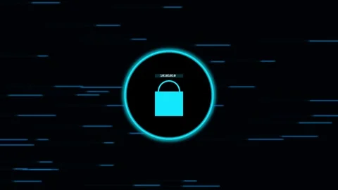 Digital security padlock icon with binary code moving on black background c.. Stock Footage 341824295