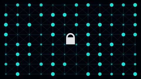 Digital security padlock icon pulsating on dark abstract node network backg.. Stock Footage 342278973