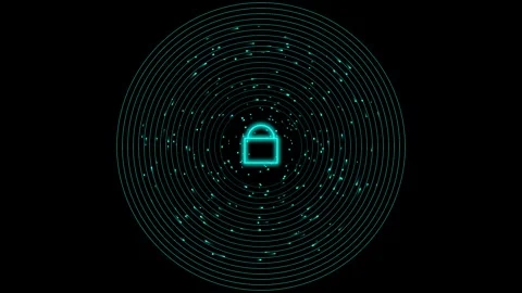Digital security padlock icon with rotating data circles on black backgroun.. Stock-Footage 342279052