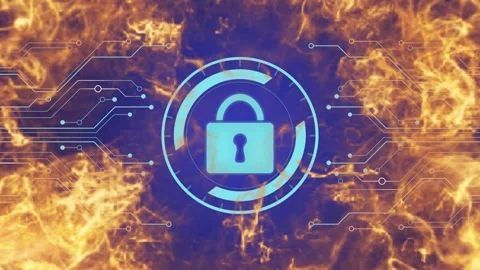 Digital security padlock icons overlaid on intense flaming fire background Stock Footage 338389247