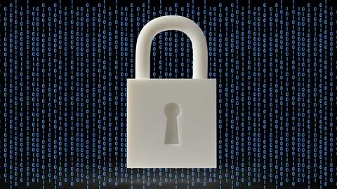 Digital Security Padlock Protecting Binary Data Network 3d render. Stock Illustration