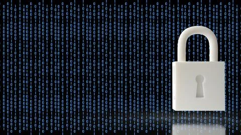 Digital Security Padlock Protecting Binary Data Network 3d render. Stock Illustration