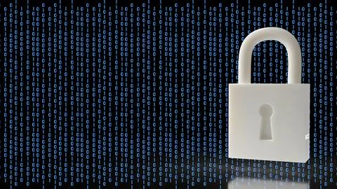 Digital Security Padlock Protecting Binary Data Network 3d render. Stock Illustration