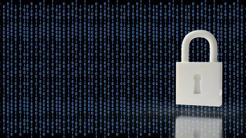 Digital Security Padlock Protecting Binary Data Network 3d render. Stock Illustration