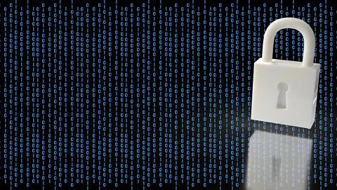 Digital Security Padlock Protecting Binary Data Network 3d render. Stockillustratie