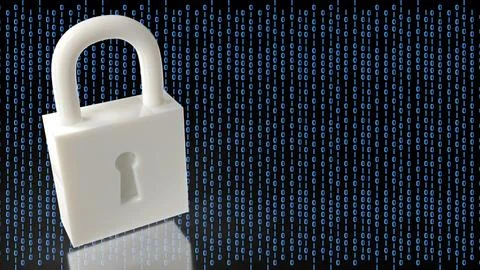 Digital Security Padlock Protecting Binary Data Network 3d render. Stockillustratie
