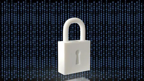 Digital Security Padlock Protecting Binary Data Network 3d render. Stockillustratie