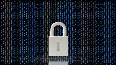 Digital Security Padlock Protecting Binary Data Network 3d render. Stock Illustration